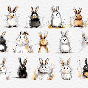 May include: A digital illustration of 14 cute cartoon bunnies in various poses. The bunnies are drawn in a whimsical style with soft, muted colors. Some bunnies are white, some are brown, and some are black. The bunnies are all looking at the viewer.