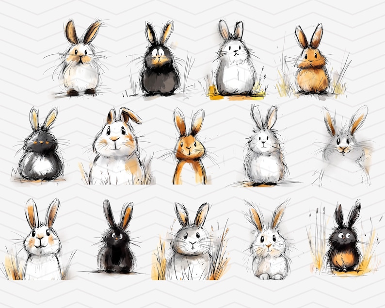 May include: A digital illustration of 14 cute cartoon bunnies in various poses. The bunnies are drawn in a whimsical style with soft, muted colors. Some bunnies are white, some are brown, and some are black. The bunnies are all looking at the viewer.