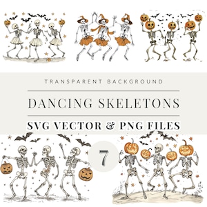 May include: Seven digital illustrations of dancing skeletons in various poses. Some skeletons are wearing witch hats and holding pumpkins. The skeletons are surrounded by stars and bats. The text "Dancing Skeletons" and "SVG Vector & PNG Files" is at the bottom of the image.