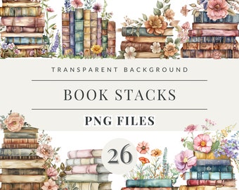 May include: A set of 26 digital illustrations of book stacks with floral accents. The book stacks are in various sizes and colors, and the flowers are in shades of pink, purple, and yellow. The illustrations are perfect for adding a touch of whimsy and charm to your digital projects.