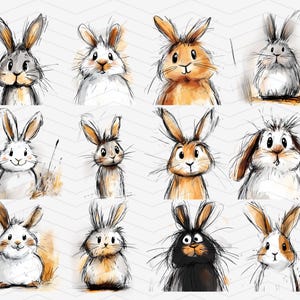 May include: A digital illustration of twelve different bunnies in various poses. The bunnies are drawn in a watercolor style with soft, muted colors. Some bunnies are brown, some are white, and some are gray. The bunnies are all looking at the viewer.