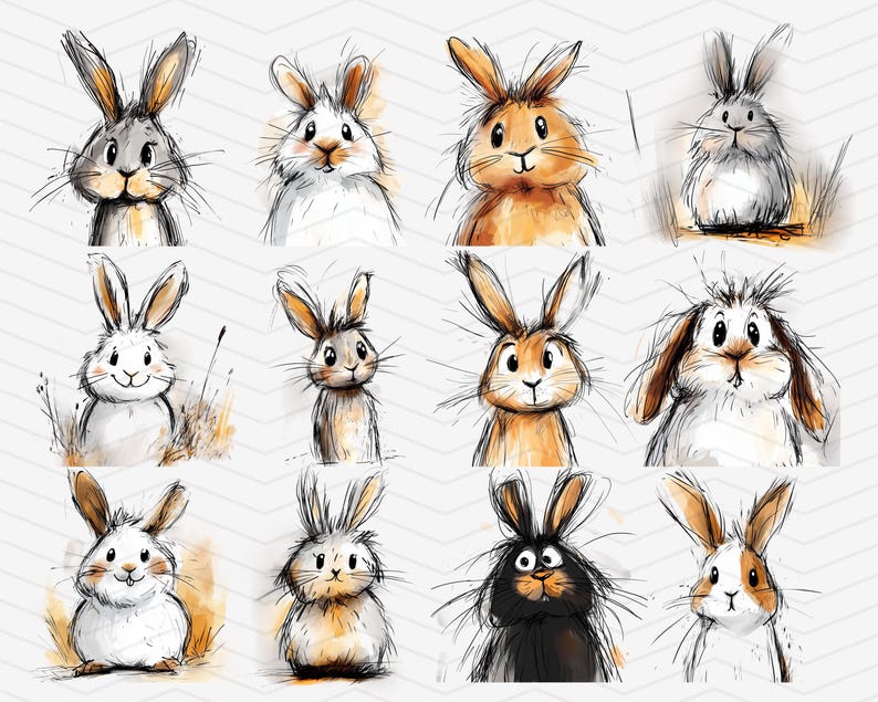 May include: A digital illustration of twelve different bunnies in various poses. The bunnies are drawn in a watercolor style with soft, muted colors. Some bunnies are brown, some are white, and some are gray. The bunnies are all looking at the viewer.