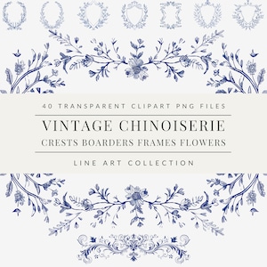 Clipart matrimonio stemma barocco blu chinoiserie invito matrimonio linea nuziale arte sfondo trasparente download digitale PNG uso commerciale