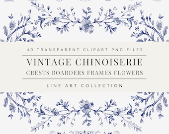 Clipart ślubny Barokowy herb Niebieski Chinoiserie Zaproszenie ślubne Bridal Line Art Przezroczyste tło Pobieranie cyfrowe PNG Użytek komercyjny