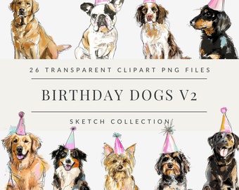 Pacchetto Clipart di cani, Clipart di cuccioli di cane di compleanno, Cani acquerellati, Illustrazione di razza di cane carina, Clipart di animali domestici fai da te, Uso commerciale