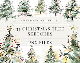 Christmas Trees Sketches Clipart,Painted Tree Clipart,Christmas Illustrations,PNG Graphics SVG Images, Instant Download for Commercial Use