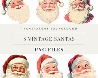 May include: Eight vintage illustrations of Father Christmas with different facial expressions. The illustrations are in a cartoon style and have a white background.