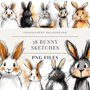 May include: A set of 38 digital illustrations of bunnies in various poses and expressions. The bunnies are drawn in a cartoon style with black outlines and watercolor washes. The illustrations are perfect for use in digital scrapbooking, card making, and other creative projects.