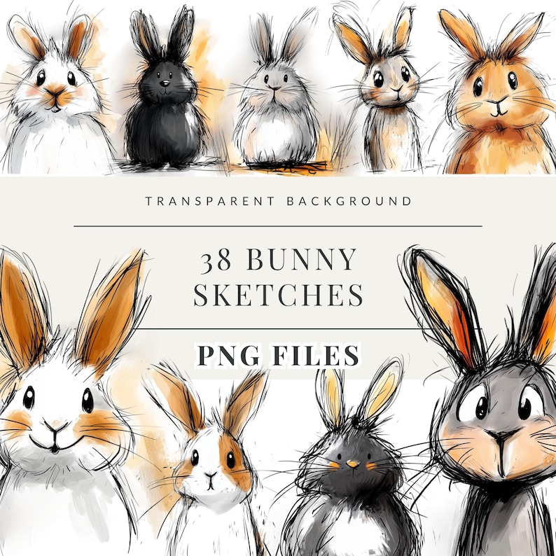 May include: A set of 38 digital illustrations of bunnies in various poses and expressions. The bunnies are drawn in a cartoon style with black outlines and watercolor washes. The illustrations are perfect for use in digital scrapbooking, card making, and other creative projects.