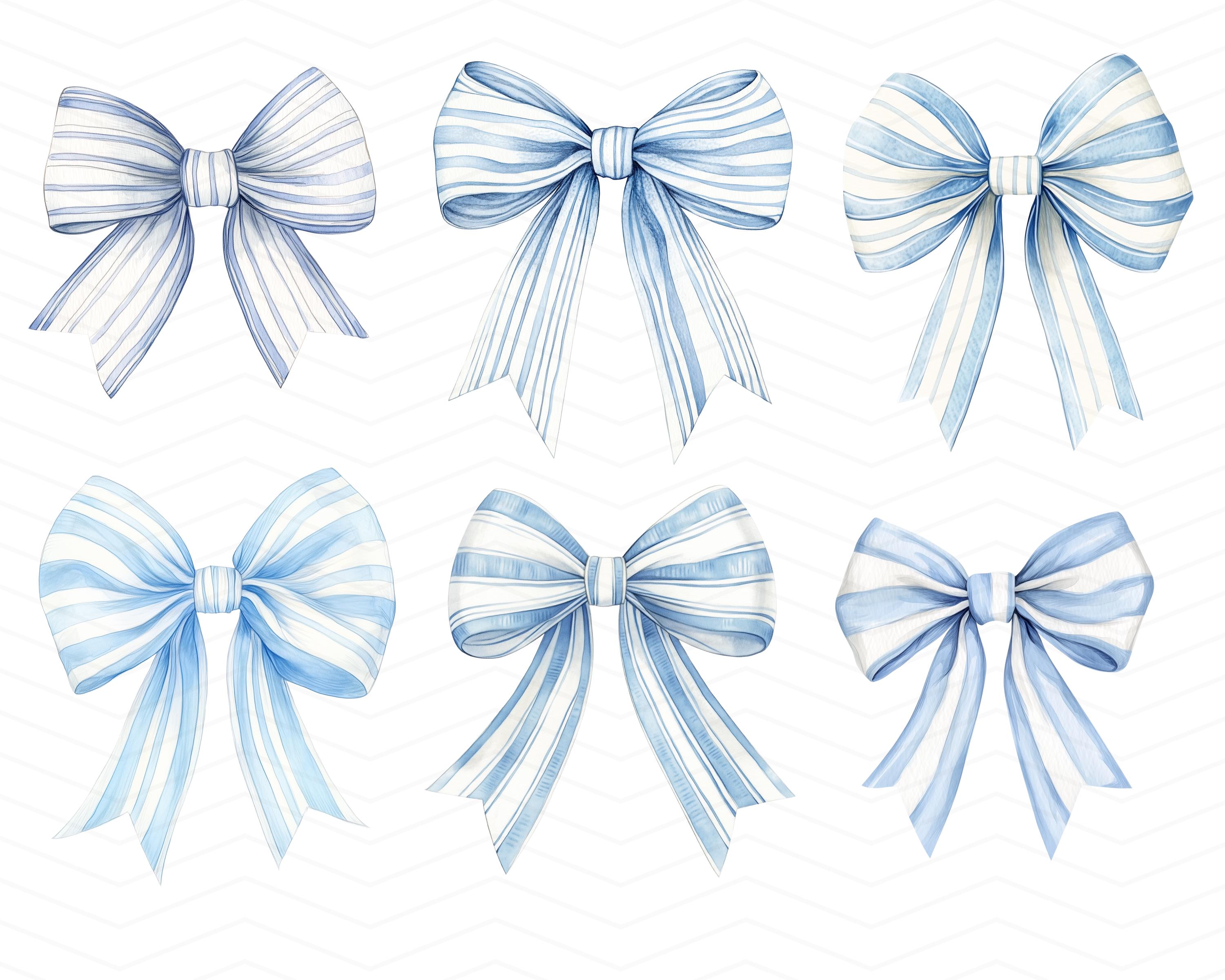 Blue Striped Coquette Bow Clipart, Watercolor Bow Ribbon Bridal Clipart ...