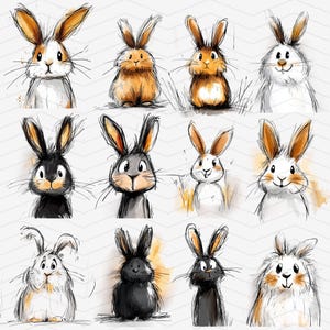 May include: A collection of 12 hand-drawn illustrations of rabbits in various poses. The rabbits are drawn in a whimsical style with watercolor washes and black ink outlines. Some rabbits have brown fur, some have white fur, and some have black fur.
