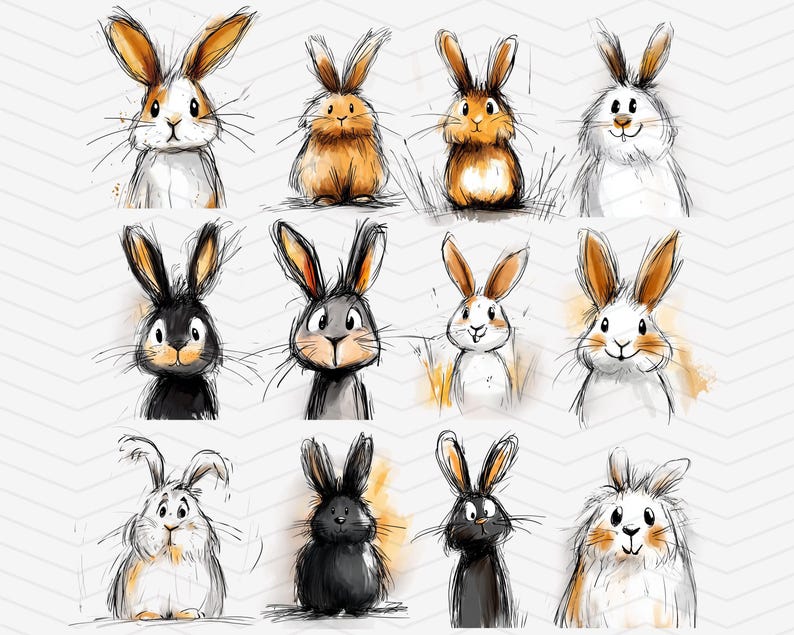 May include: A collection of 12 hand-drawn illustrations of rabbits in various poses. The rabbits are drawn in a whimsical style with watercolor washes and black ink outlines. Some rabbits have brown fur, some have white fur, and some have black fur.