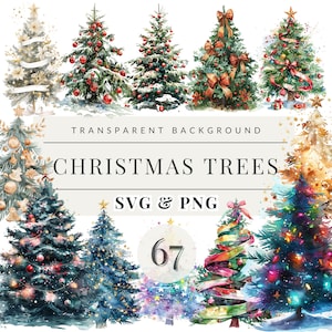 Watercolor Christmas Trees Clipart,Painted Tree Clipart,Christmas Illustrations,PNG Graphics SVG Images, Instant Download for Commercial Use