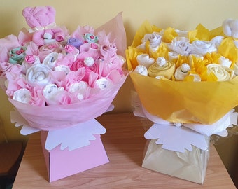 Baby Bouquets, New Baby Gift, Baby Clothes Bouquet - Baby Shower Gift - Nappy Cake - Neutral - Pink - Blue - Newborn Gift