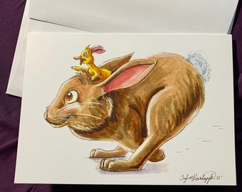 Bunny and Duckling Running Easter Card