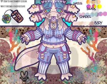 May include: Digital illustration of a speckled axolotl character in a light blue outfit with heart and bow details. The character has pink beaded jewelry and a boba tea accessory. Text includes "Street Fashion" and "Fashion Designer."