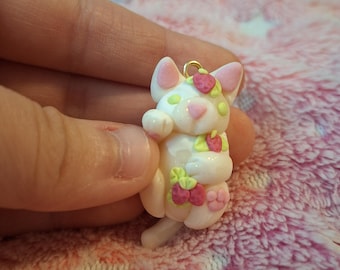 Handmade Strawberry Kitty Charm |Polymer Clay Charm