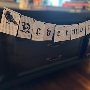 May include: A banner with the word "Nevermore" printed in black gothic letters on pages of a book. The banner also features illustrations of black crows. The banner is draped over a black dresser.
