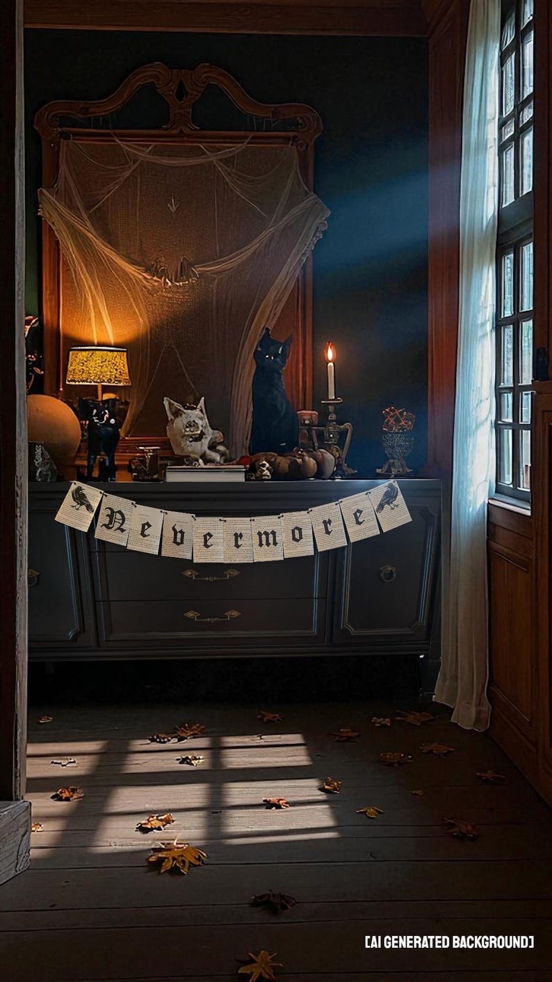 May include: A dark, gothic-themed room decorated for Halloween. A banner reading "Nevermore" hangs over a dark gray dresser. Decorative items include black cat figurines, pumpkins, and a skull. A spiderweb decorates a large framed mirror.
