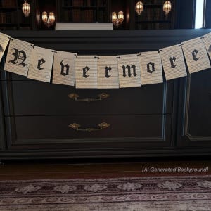 May include: A banner with the word "Nevermore" printed in black gothic font on individual paper rectangles. The banner hangs in front of a black dresser with gold-toned hardware. The background includes a library and hanging lights.