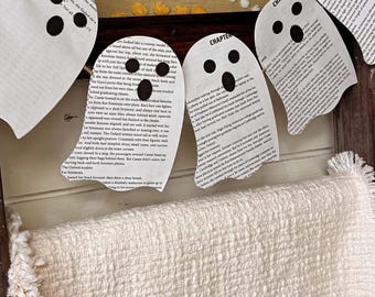 Vintage Book Page Ghost Garland, Double-Sided Spooky Bunting, Literary Ghost Decor
