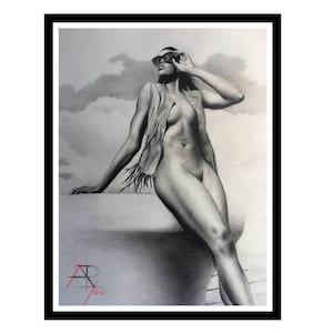 Puede incluir: Un dibujo a l&aacute;piz en blanco y negro de una persona con gafas de sol y un chaleco, sentada en una repisa con un cielo nublado en el fondo.