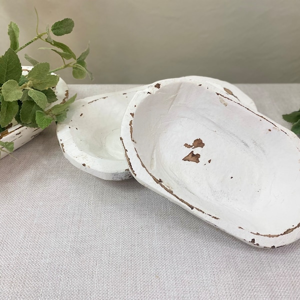 White Wooden Dough Bowl, Farmhouse Decor, Hand-carved, Decorative Bowl, Weathered Paint