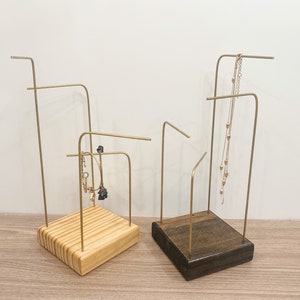 Wood Jewelry Stand, Brass Display, Necklace and Bracelet Storage