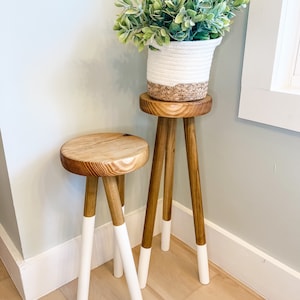 Wooden Plant Stand Set of 2, Decorative Stool, Twisted and Traditional Style, Accent Stool, End Table, 10” Top Size