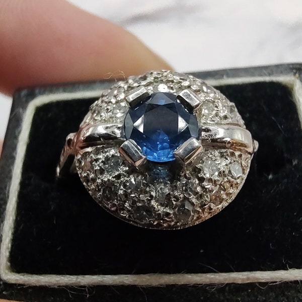 Platinum 1940's Sapphire Diamond Ring. Size 5 3/4.