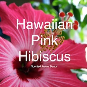 May include: Close-up of a pink hibiscus flower with the text "Hawaiian Pink Hibiscus" and "Scented Aroma Beads".