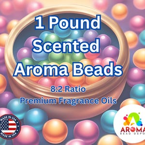 May include: One pound of scented aroma beads in a gold bowl with a 8:2 ratio of premium fragrance oils. The beads are multi-colored and are surrounded by more beads. The image also includes a small American flag and a logo for Aroma Bead Depot.