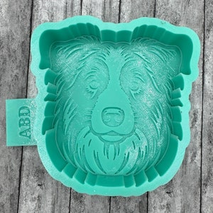 May include: A green silicone mold for making a dog treat or cake topper. The mold features a detailed design of a dog's head with a fluffy, furry texture. The mold is labeled "ABD" on the side.