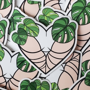 Botanicalbooty hartvormige vinyl butt sticker || Monstera Deliciosa-bladeren || Sticker volwassenen || Positief voor het lichaam || Moederplant ||