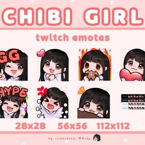 black hair with bangs brown eyes | chibi girl twitch emotes pack
