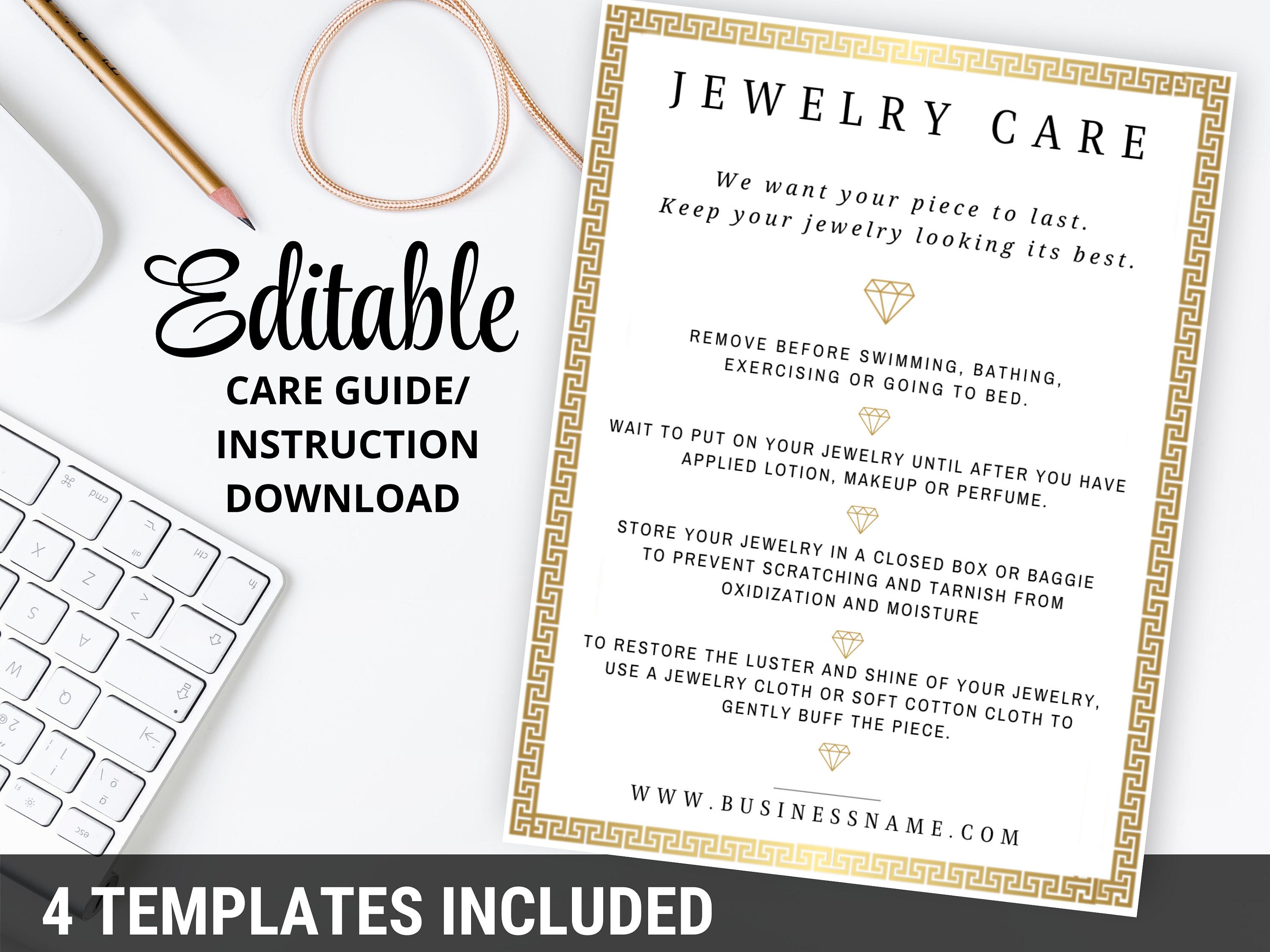 Editable Jewelry Care Card Jewellery Instructions Template Etsy