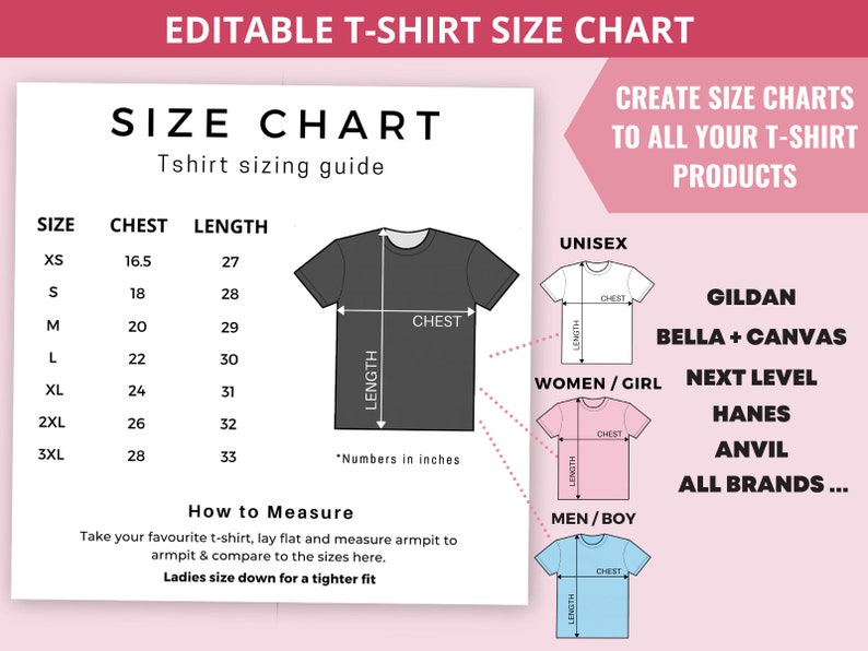 Editable Size Chart Tshirt Editable Templates Bella Canvas | Etsy