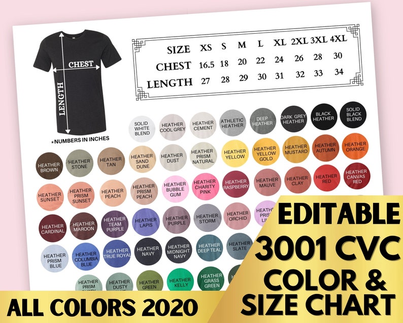 Download Bella Canvas 3001 CVC Heather Color Chart Editable BC3001 ...