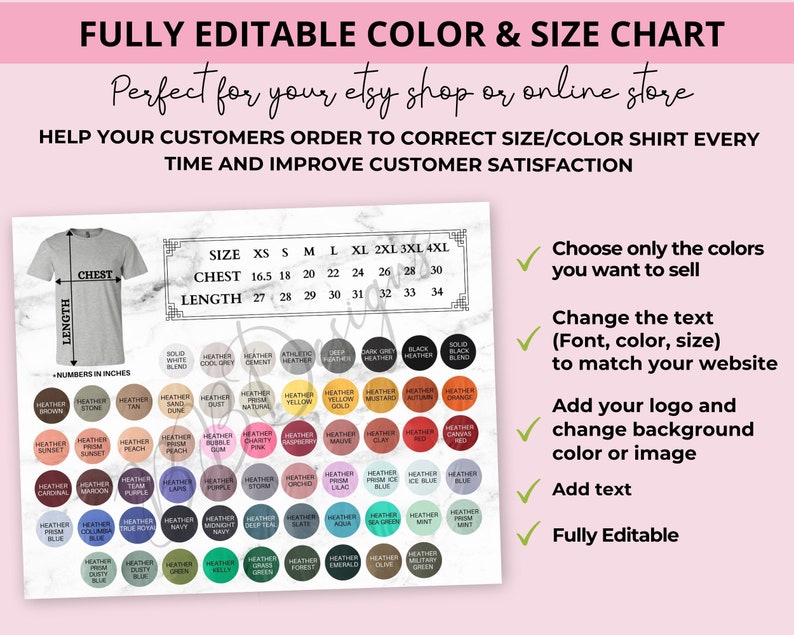 Download Bella Canvas 3001 CVC Heather Color Chart Editable BC3001 | Etsy