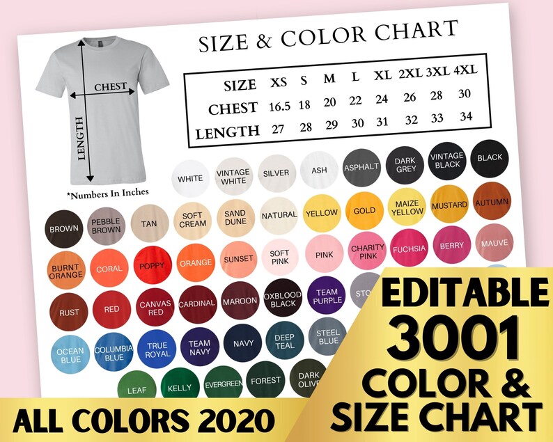 Download Bella Canvas 3001 Size Color Chart ALL 60 COLORS | Etsy