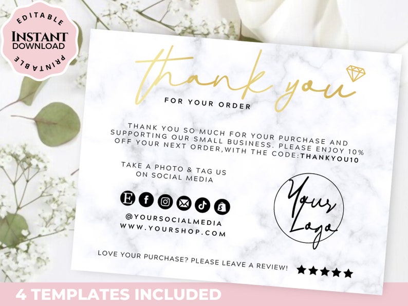 Custom Jewelry Thank you Card Gold Printable Insert Card Etsy