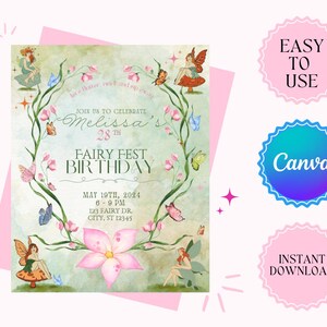 Fairy Birthday Invitation | Fairy Fest Party | Fairy Cute Birthday Theme | Pink Digital Invitation | Editable Invitation | Canva Template