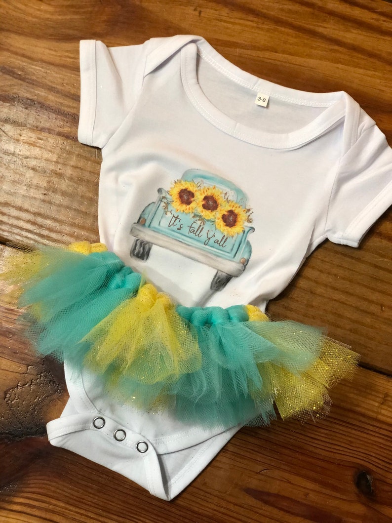 It\u2019s fall y\u2019all with Tutu sunflower baby outfit gold yellow and blue
