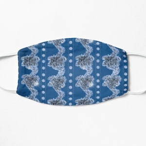 May include: A blue face mask with a repeating pattern of silver glitter swirls and white dots.