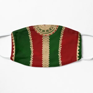 May include: A face mask with a festive design. The mask features vertical stripes of red and green, with gold-colored decorative elements. The central design includes a circular pattern and a vertical line of gold embroidery.