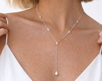 Silber Perle Tropfen Halskette, Braut weiße Süßwasser Perle Y-Halskette, Minimalist Hochzeit Silberschmuck