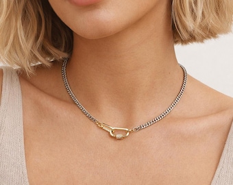 Mixed Metal Chain Necklace For Charms With Gold Carabiner Openable Clasps