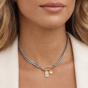 Ras de cou gourmette en mélange de métaux avec breloques en or et fermoir fonctionnel, collier ras de cou bicolore, bijoux tendance en acier inoxydable pour femme,