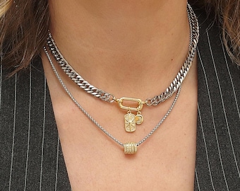 Layered Necklace Set, Carabiner Clasp With Star And Moon Charms , Chunky Two Tone Chain, Stainless Steel Women Jewelry