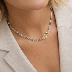 Chunky Silver Curb Chain Necklace With Two Gold Charm Holders,  Stainless Steel Waterproof Chain And Carabiner Lock, Mixed Metal Jewelry